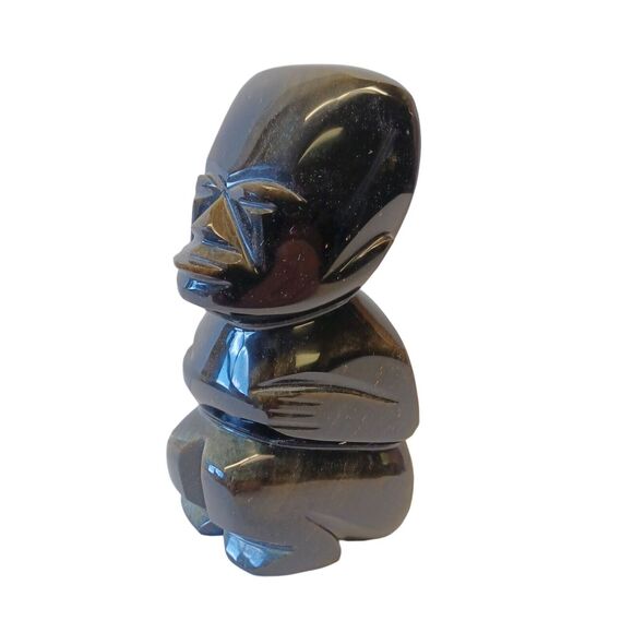 Gold Sheen Black Obsidian Stone 5-5/8"h Mayan Aztec Carved Seated Man Figure - Picture 2 of 8